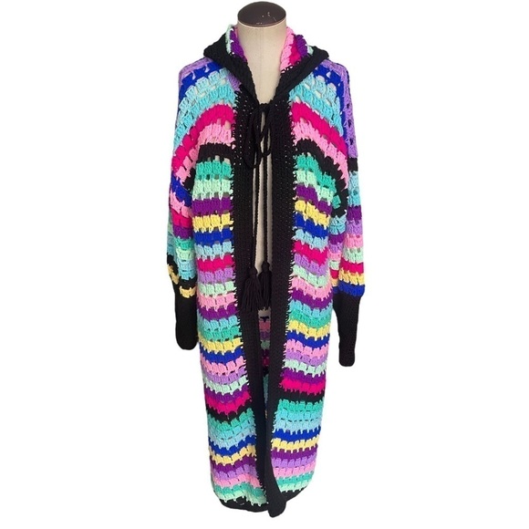 Rare Matimì Crochet Long Cardigan Sweater w/ Hood in Multicolor Stripes - Picture 1 of 11